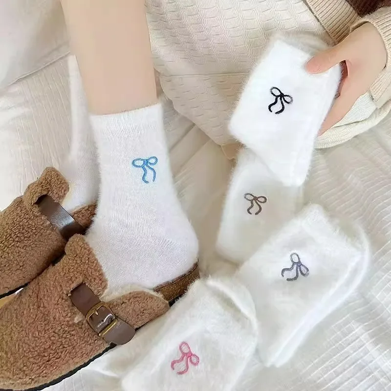 Cozy Faux Mink Velvet Mid-calf Bow Print Socks Women Girls Autumn Winter Thickened Plush Keep Warm Hosiery Soft Sleep Home Socks