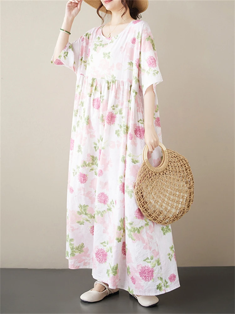 Oversize Summer Cotton Print Pink Dresses For Women Vintage Casual Loose Long Dress Femme Robe Vestidos Elegant Fashion Clothing