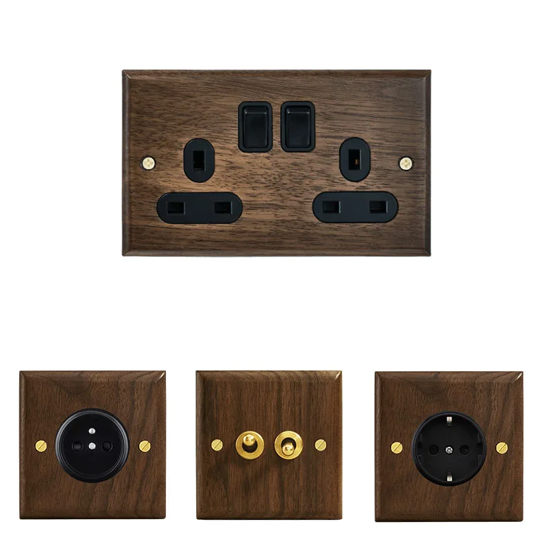 Europeu Passagem Vintage Parede Luz de Madeira Maciça Latão Alternar Painel Tomada de Energia Antique Home Decor 4gang 2way