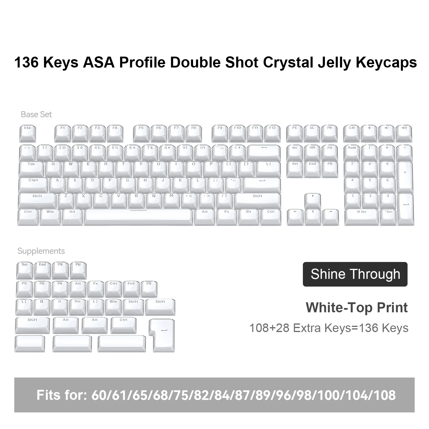 136키 젤로 크리스탈 PC 키캡 화이트 반투명 클리어 샤인 스루 ABS 키캡 ASA 프로파일 MX 스위치용 게이밍 키보드