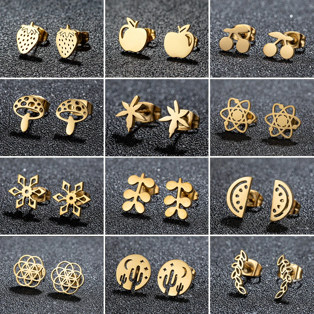 Goldene Edelstahl kleine Blume geometrische Ohrringe für Frauen Frucht Erdbeere winzige mehrere Ohr stecker koreanischen Schmuck