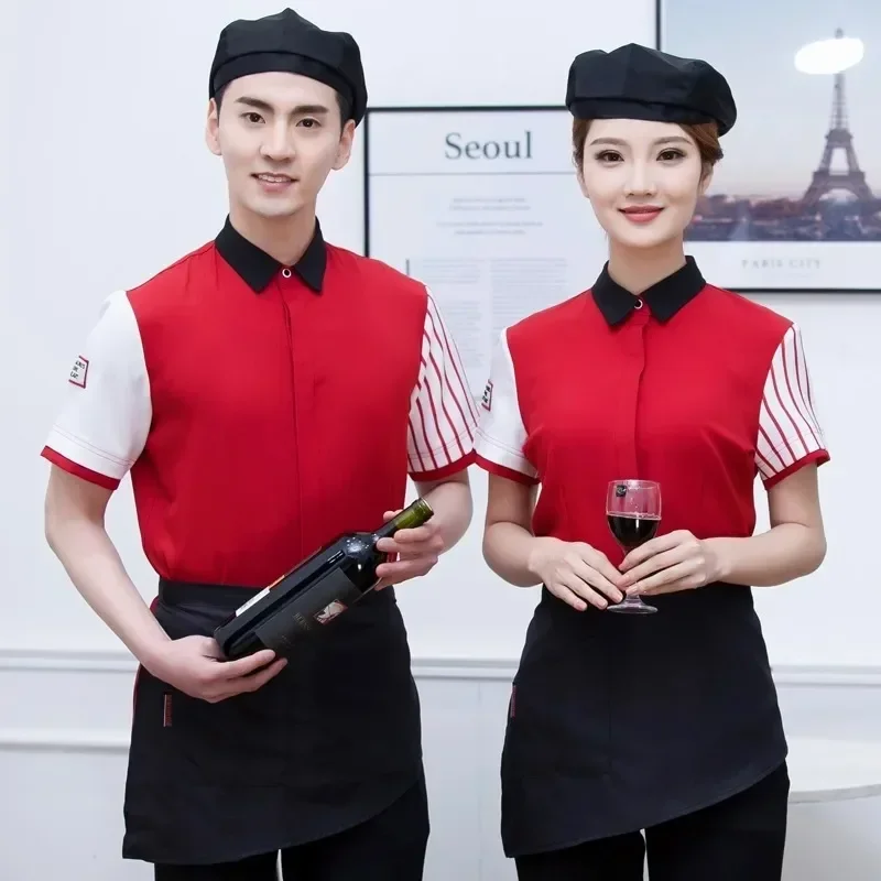 

Top Workwear Shop Short-sleeved Coffee Tea Waitress Restaurant Uniform Women Shops Single Shirt Hot Waiter Pot Summer Milk