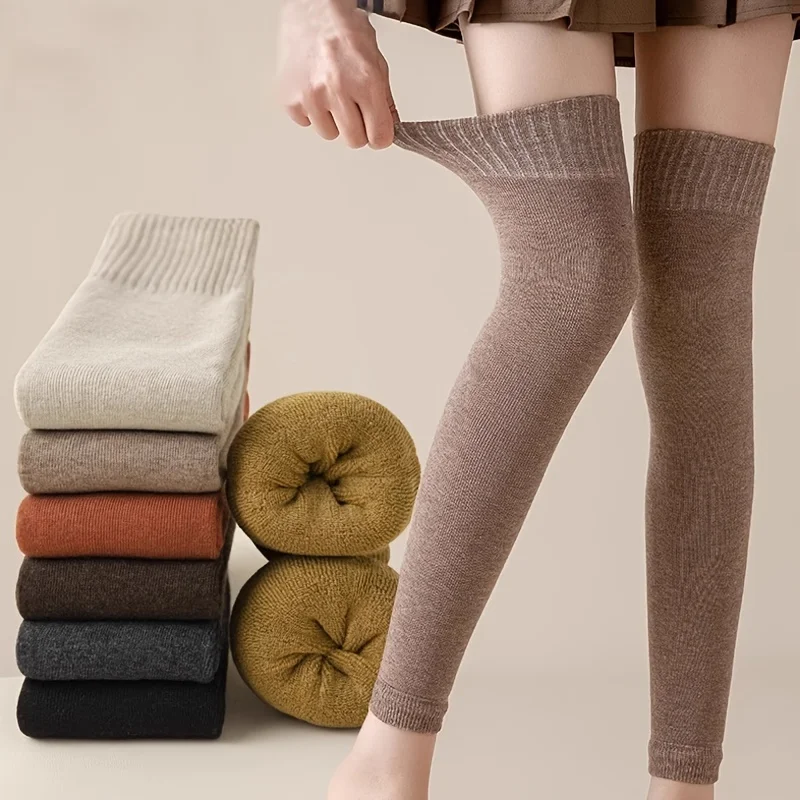 1/2Pairs Winter Knee High Leg Cover Windproof Warm Sweat Absorb Long Leg Warmers Thermal Anti-Cold Thigh High Knitted Stockings