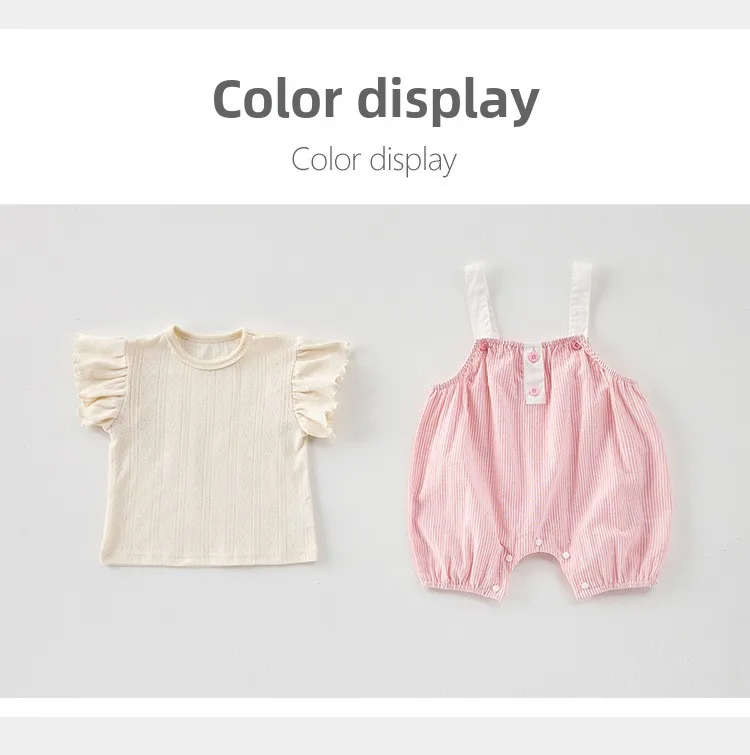 Description Picture 4 of itemSummer Infant and Toddler Set, Female Baby Thin Vertical Striped Strap Pants Minimally Stylish Cotton Top, T-shirt Two Piece Set