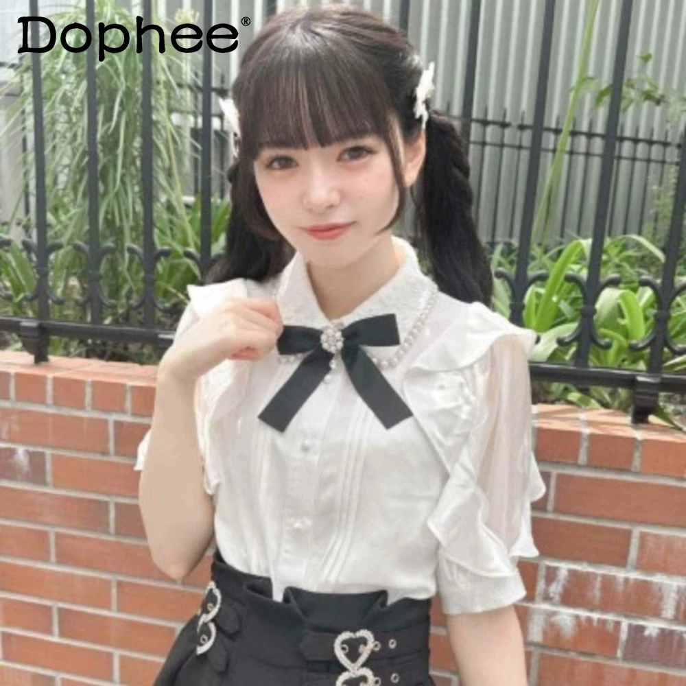 

2023 Japanese Rojita Blouse Replica Mine Mass-Produced Pearl Collar Lace Stitching Flying Sleeve Short Sleeve Shirt Tops Mujer