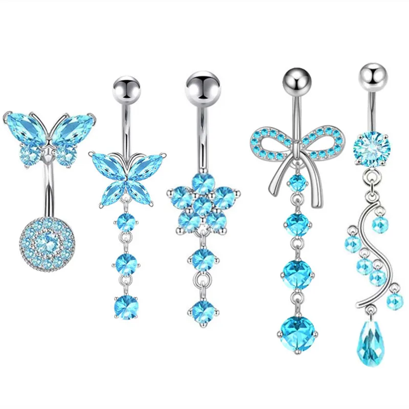 Pink Flower & Blue Crystal Belly Button Ring Set - Heart Navel Barbell Jewelry Collection