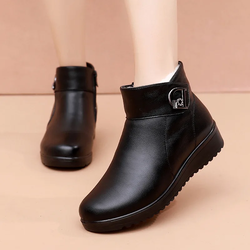 winter women's genuine leather ankle Wedges boots Casual Comfortable Warm Woman Snow Boots free shipping