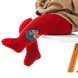 Festive Kids Cartoon Christmas Tights - Soft Cotton Red Leggings for Toddlers and Children (Tree)