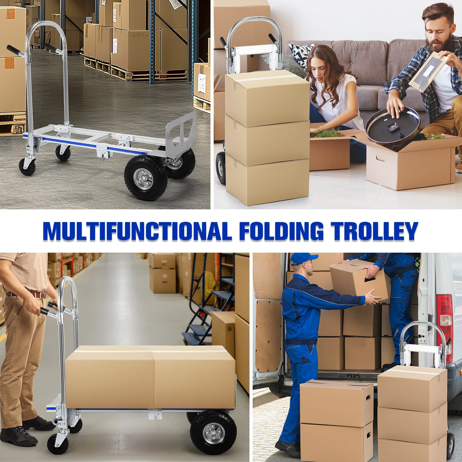 2 in 1 Aluminum 800LBS Capacity Folding Trolley W/Wheels Folding Hand Truck Dolly Cart for Logistics Shopping Home Office Moving