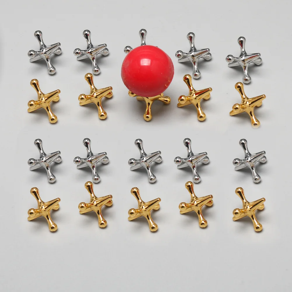 Festive Gold & Silver Metal Jacks Set with Red Rubber Ball - Classic Holiday Game Kit