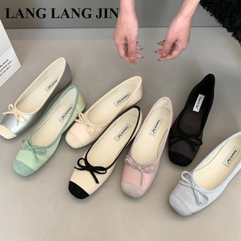 

2023 New Spirng Flats Shoes Women Fashion Square Toe Shallow Bow Knot Ballet Female Ballerina Soft Moccasins Casual Loafer Mujer