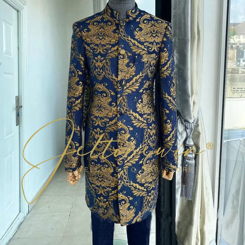 

Мужские костюмы из 2 предметов, темно-синие облегающие костюмы, смокинг для жениха на свадьбу, Официальный блейзер с воротником-стойкой, костюм на заказ