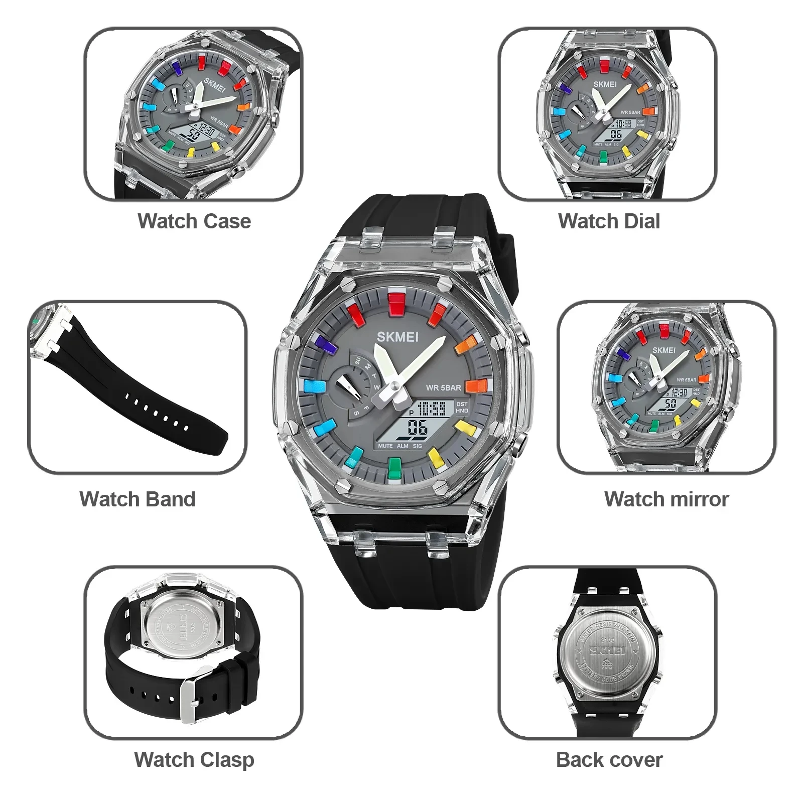 SKMEI 2100 Outdoor Men Digital Watch Colourful LED Display Watches Waterproof Shock Resistant Mens Wristwatch Clock Reloj Hombre