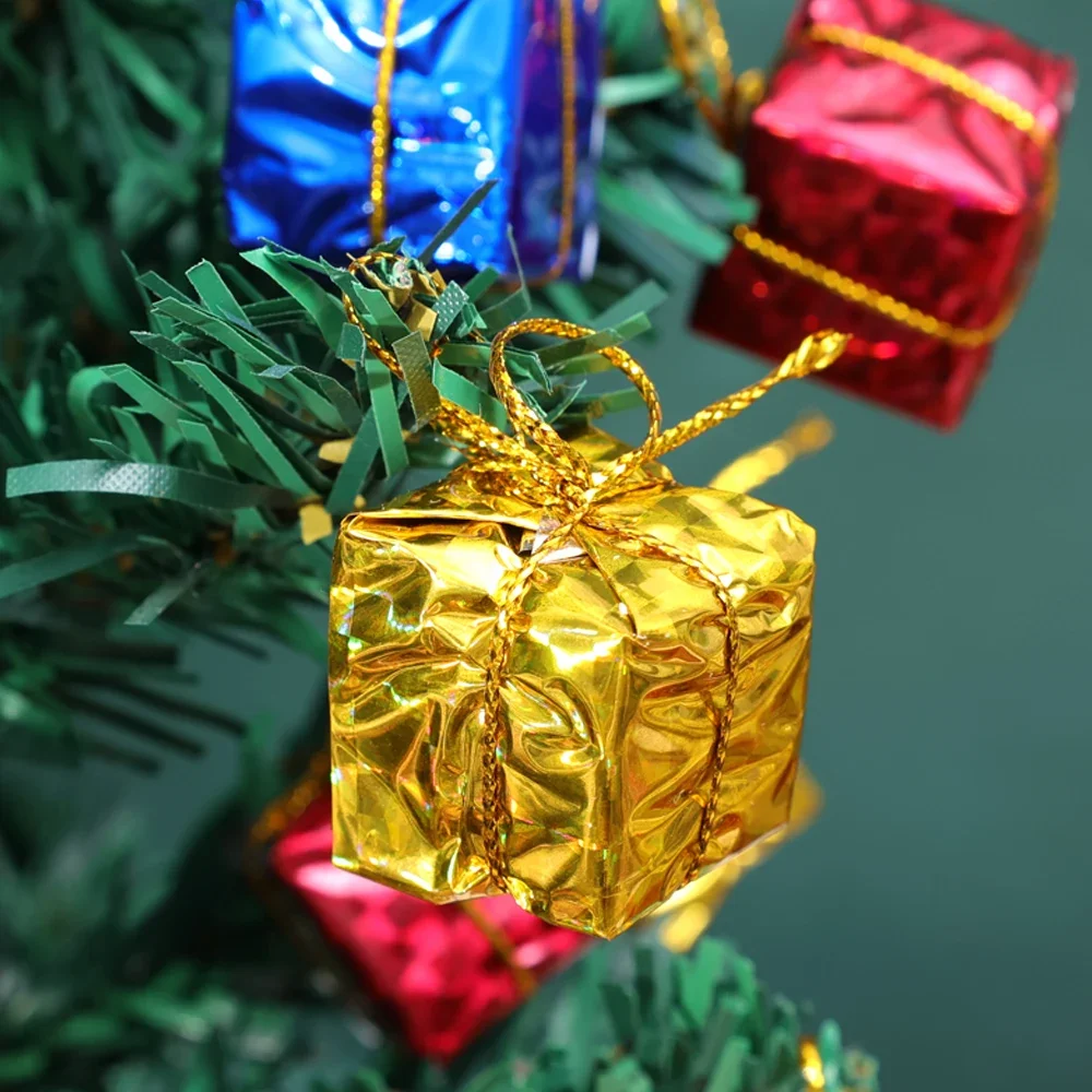 Mini Xmas Ornaments Gifts Boxes 60/6Pcs Shiny Foil Wrapped Gift Boxes Xmas Tree Hanging Pendants For Navidad Party Decorations