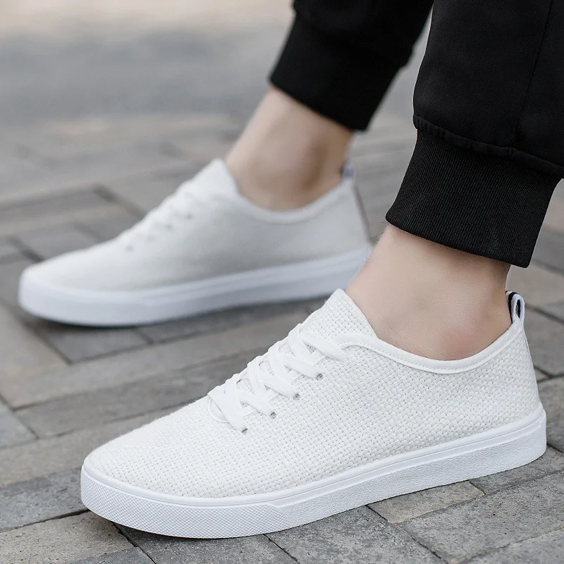 Men's Canvas Shoes Summer Breathable Lightweight Korean Style Shallow Mouth Loafers Non-slip Casual Lace Up Walking Sneakers 4
