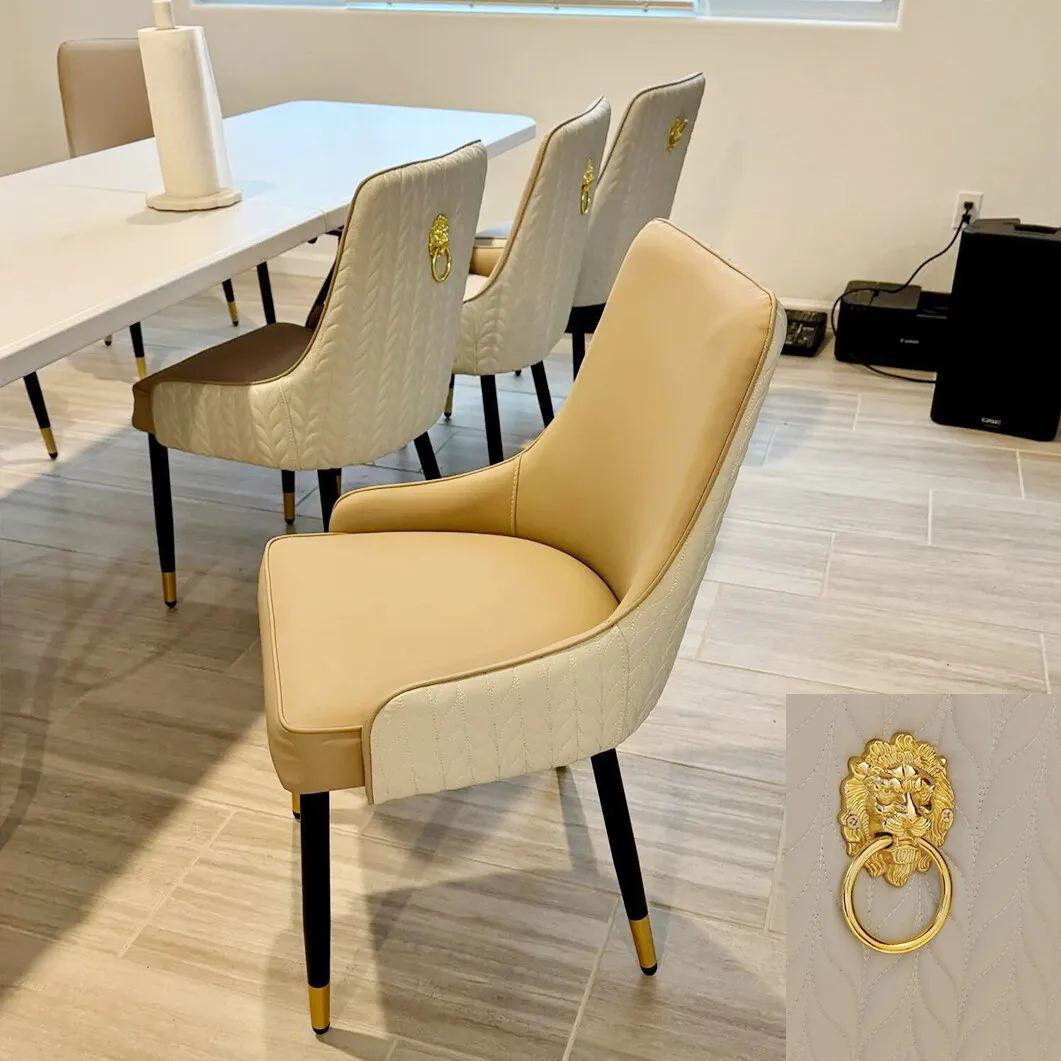 2PCS Leather Dining Chairs Comfortable Seat High Tufted Back Lion Head Ring Pull
