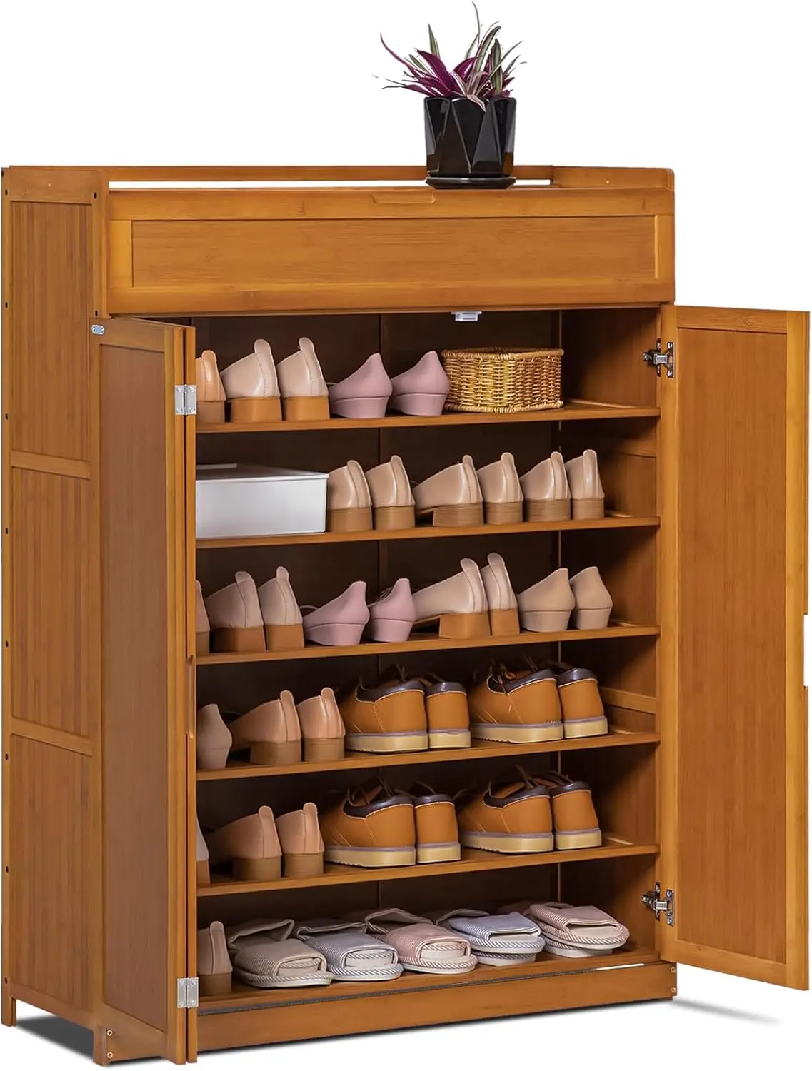 Collection 35" 7-Tiers Bamboo Shoe Cabinet Bifold Opening Doors Shoe Rack for 30 Pairs Shoes, Freestanding Shoe Storage w/Top