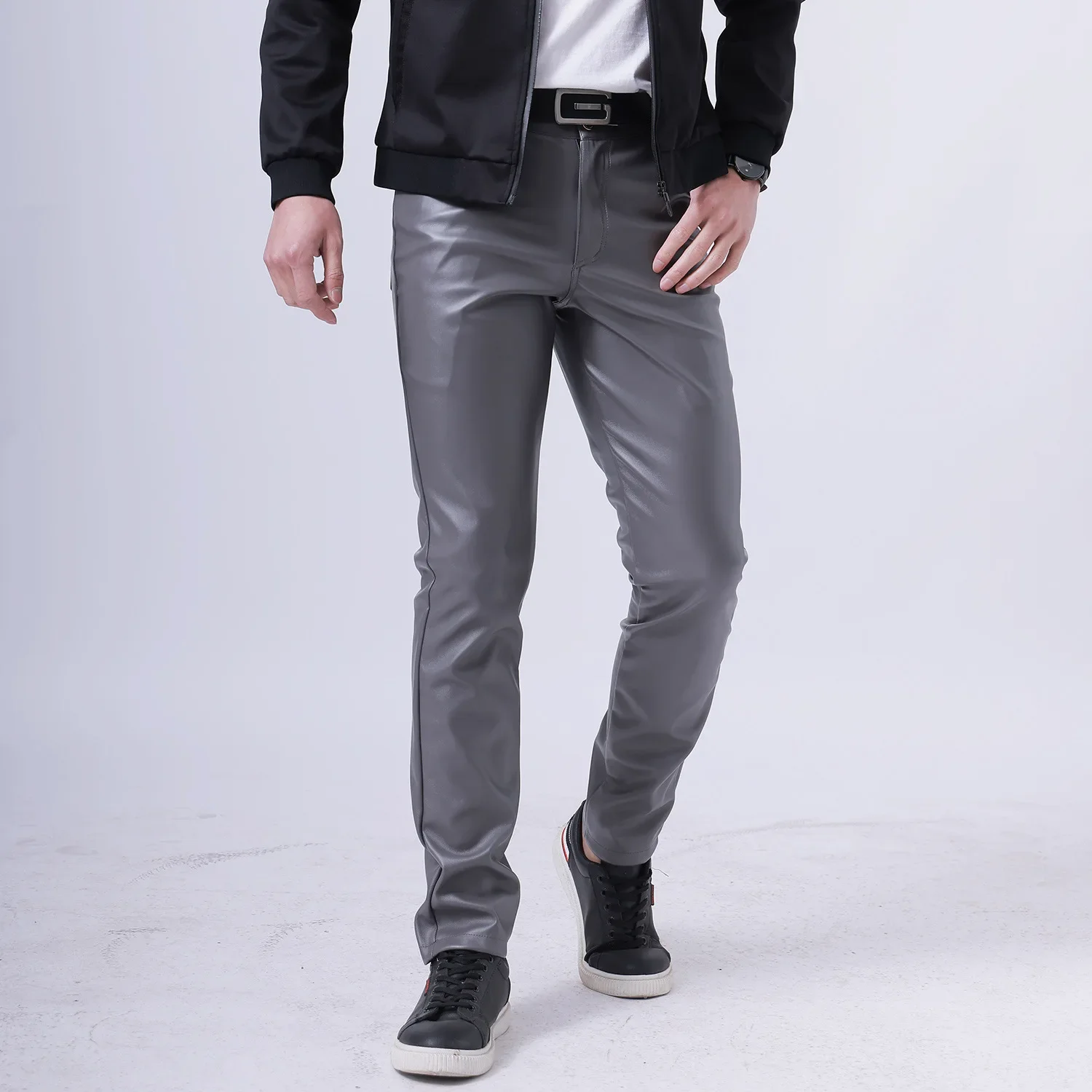 Mens Leather Pants Stretch Slim Fit White Bar for Men Spring Summer