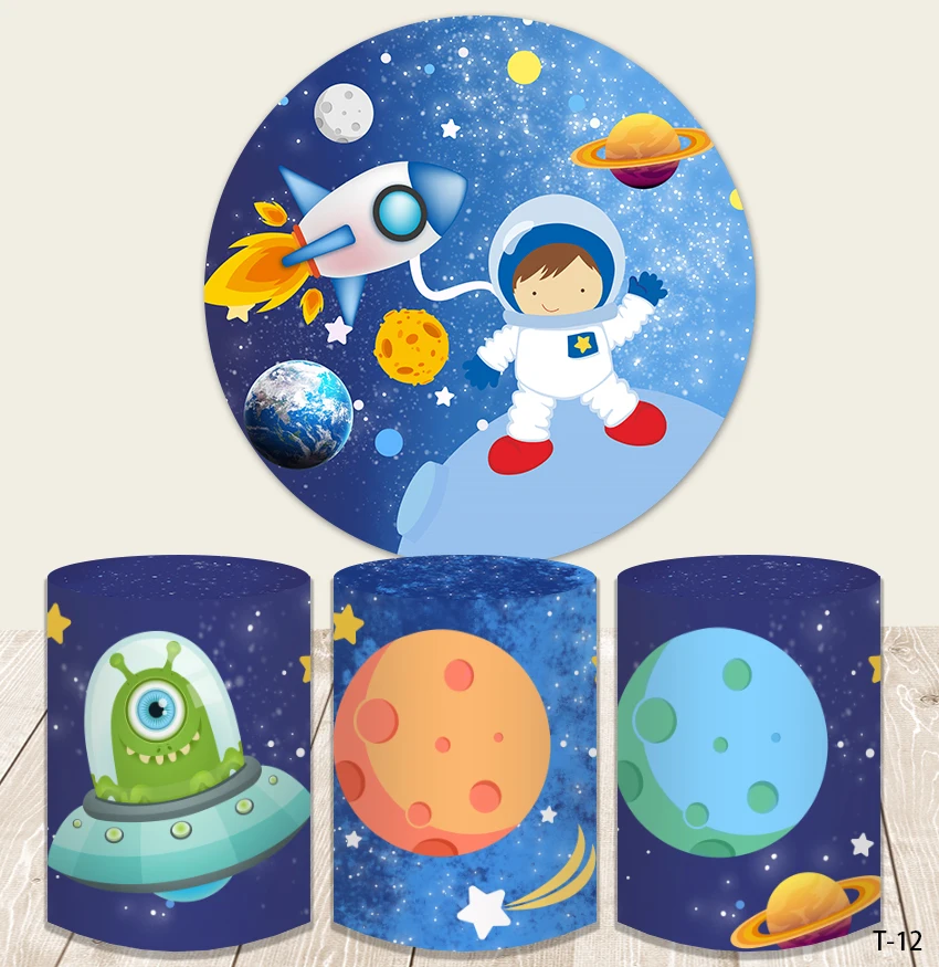 Fondo de dibujos animados de astronauta, cubierta redonda de globos,  estrellas para niños, fiesta de cumpleaños, Círculo de fondo elástico| | -  AliExpress