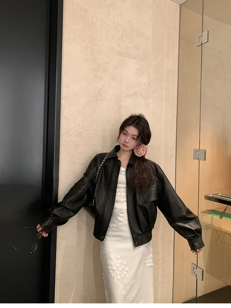 Lautaro Spring Autumn Cool Retro Waterproof Distressed Brown Pu Leather Jackets for Women Zipper Maillard Style Clothes 2024