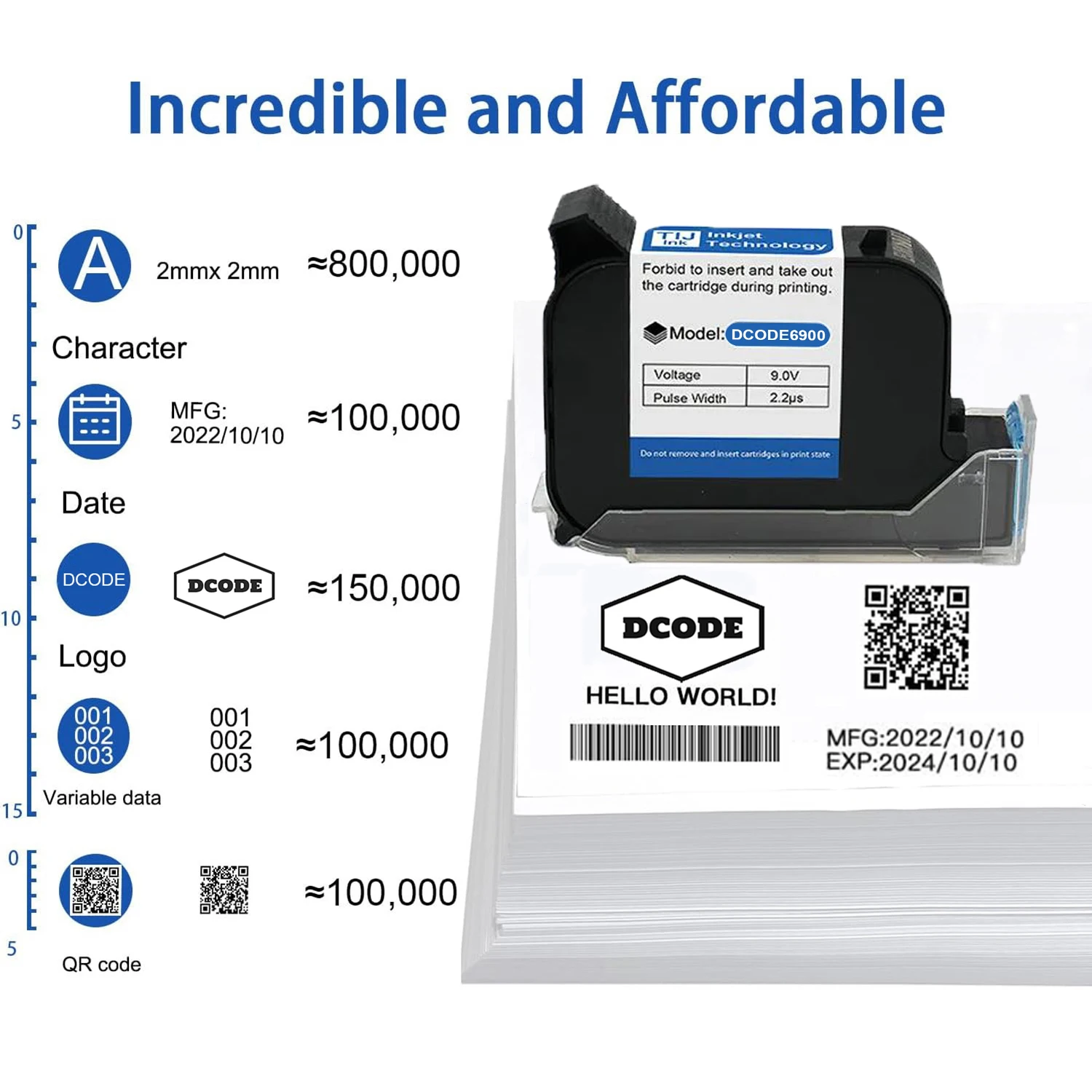 6900 Economy 12.7mm Handheld Thermal Inkjet Printer Fast Dry Solvent Ink Cartrid
