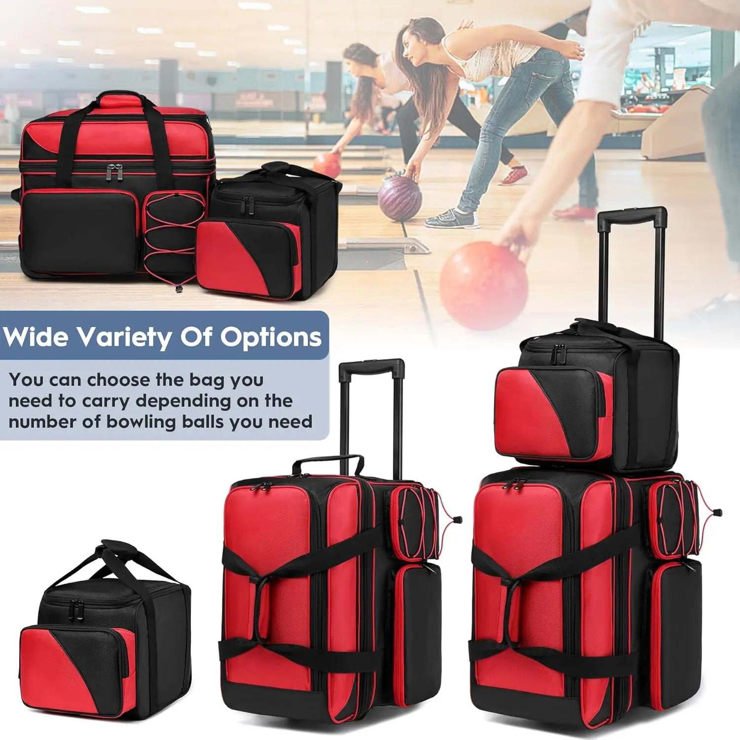 3 Ball Bowling Bag With Wheels, Bowling Bag 3 Ball Roller with Multi-Pockets, Rolling With Shoes Compartment