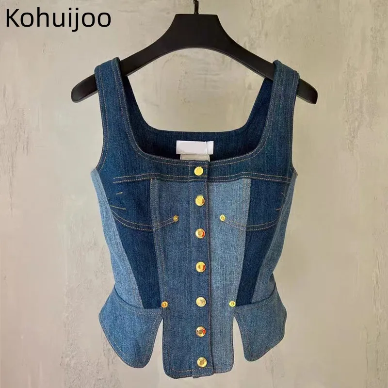 

Kohuijoo 2023 Summer Sleeveless Slim Denim Tanks Tops Women Fashion Vintage Square Neck Contrast Color Patchwork Cowboy Shirt