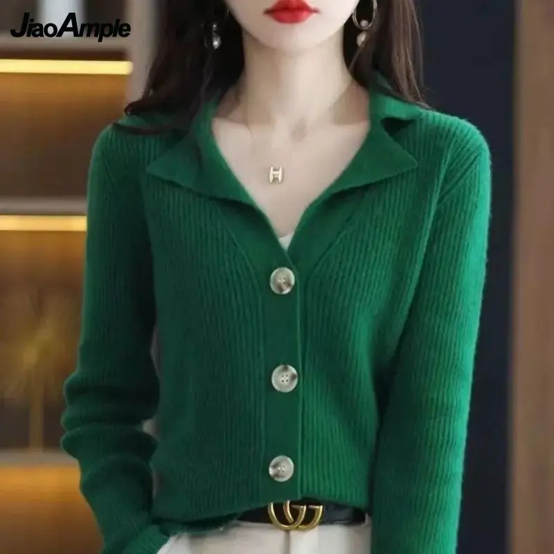 

Women's Sweater Outerwear Knitwear 2024 Spring Autumn New Suit Collar Knit Cardigan Korean Fashion Elegant Coat Blouse Clothing