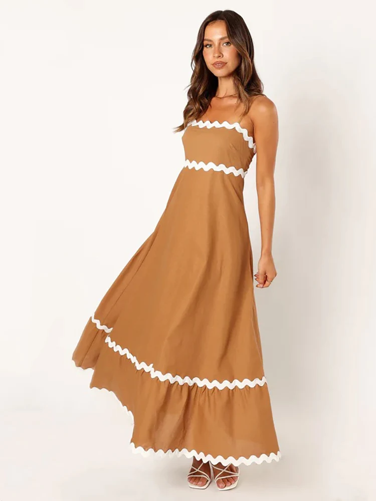 

Женское платье на бретелях-спагетти, ТРАПЕЦИЕВИДНОЕ Полосатое длинное платье с высокой талией, женское платье контрастных цветов с открытой спиной, женское вечернее платье