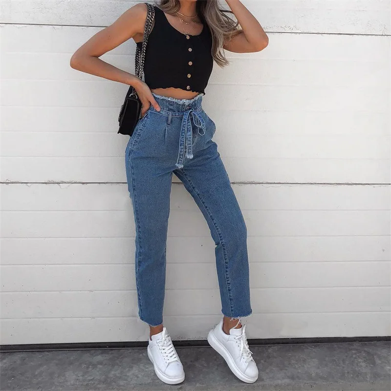 High Waist Jeans Street Style Sexy Bur Belt Comfortable Pencil Ladies Lace Pants Boyfriend Jeans For Women straight jeans Jeans