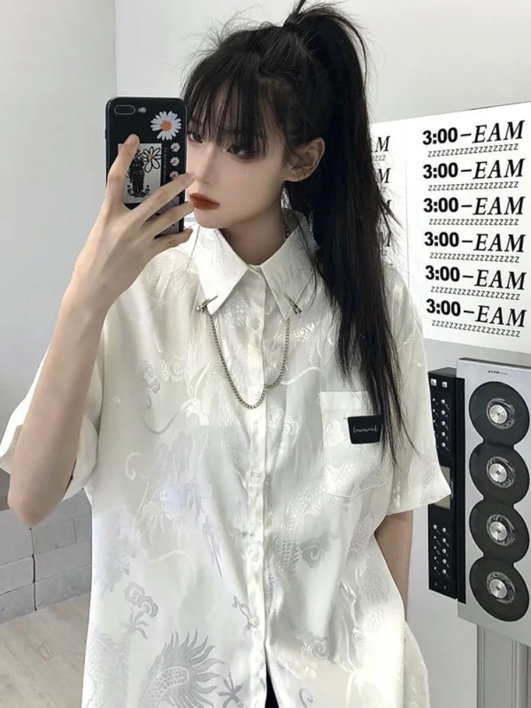 

Y2k Aesthetic Women Men Blouse 2023 Summer Dragon Pattern Print Loose Casual Short Sleeve Blusas Vintage All Match Fashion Tops