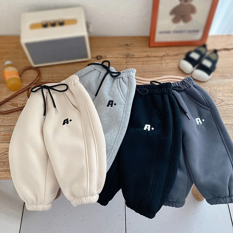 

Детские зимние теплые спортивные брюки, детские брюки для мальчиков, брюки, плотная бархатная модная одежда с надписью, детская одежда