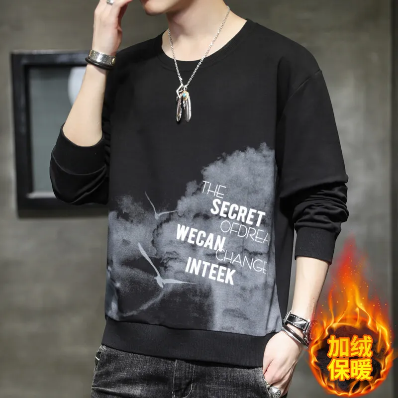 Men's Autumn and Winter Pullover Round Neck New Patchwork Printed Letter Loose and Versatile Fashion Casual Long Sleeved Hoodie