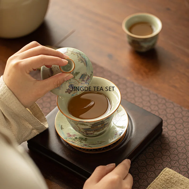 Chinese Ru Kiln Ceramic Cover Bowl Handmade Landscape Travel Portable Tea Set