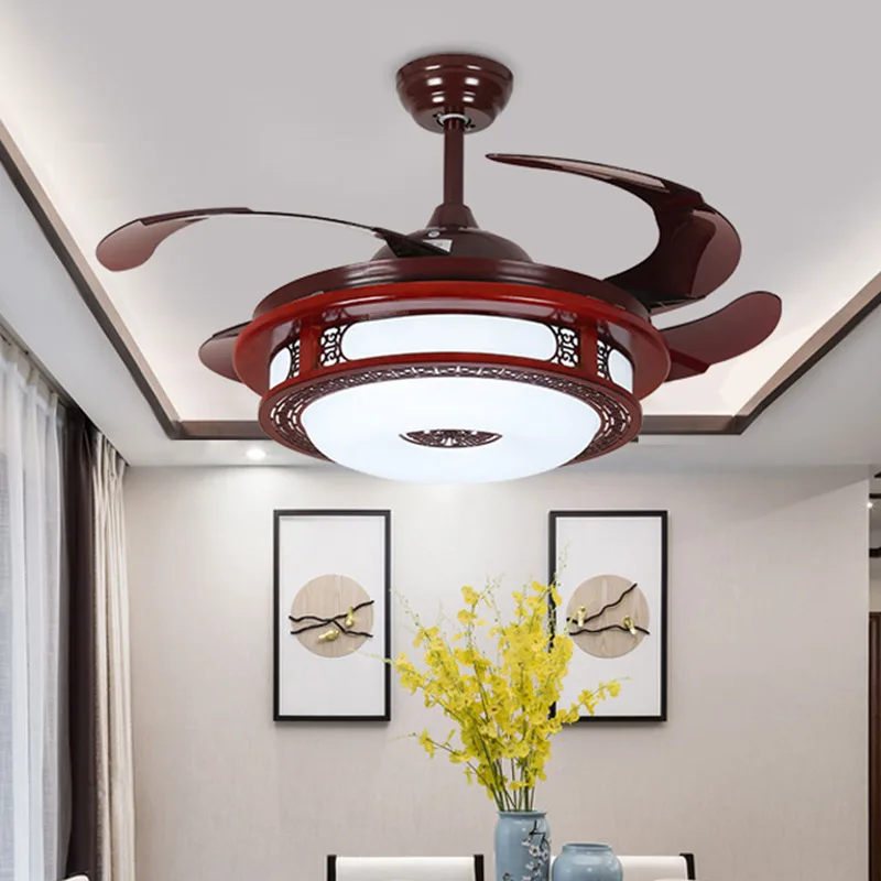 

New Chinese Invisible Fan Lamp Living Room Bedroom Dining Room Ceiling Fan Lights Chinese Style Solid Wood Frequency