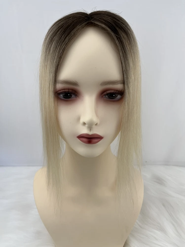 #613 Blonde Ombre Remy Human Hair Topper for Women Two Tone 10X14CM 35cm Silk Skin Base Toupee with 3 Clips in Human Hair Pieces