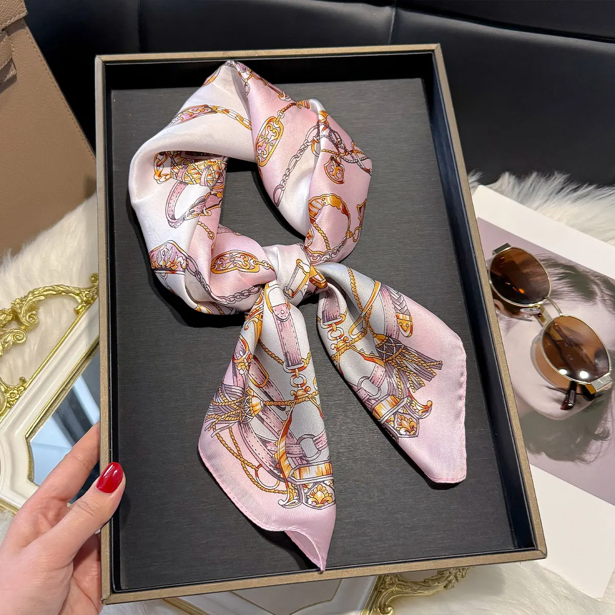 Luxury Butterfly Print 70*70cm Square Scarf Women Soft Satin Hairband Neckerchief Tie Female Headband Foulard Bag Ribbon Gift