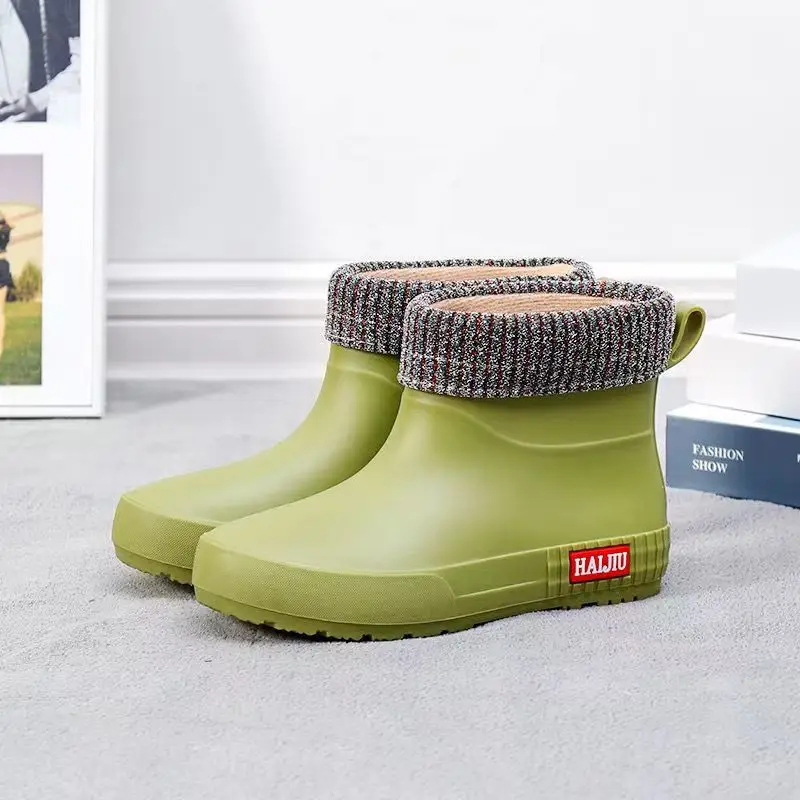 Women's Autumn Winter Rain Shoes Thick Bottom Non Slip High Top Cover Foot Plush Warm Rain Shoes Waterproof Working Boots