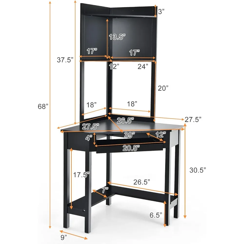 Corner Computer Desk with Hutch, Triangle Corner Desk w/Keyboard Tray and Bookshelves, Corner Writing Desk with Storage Shelves, 3