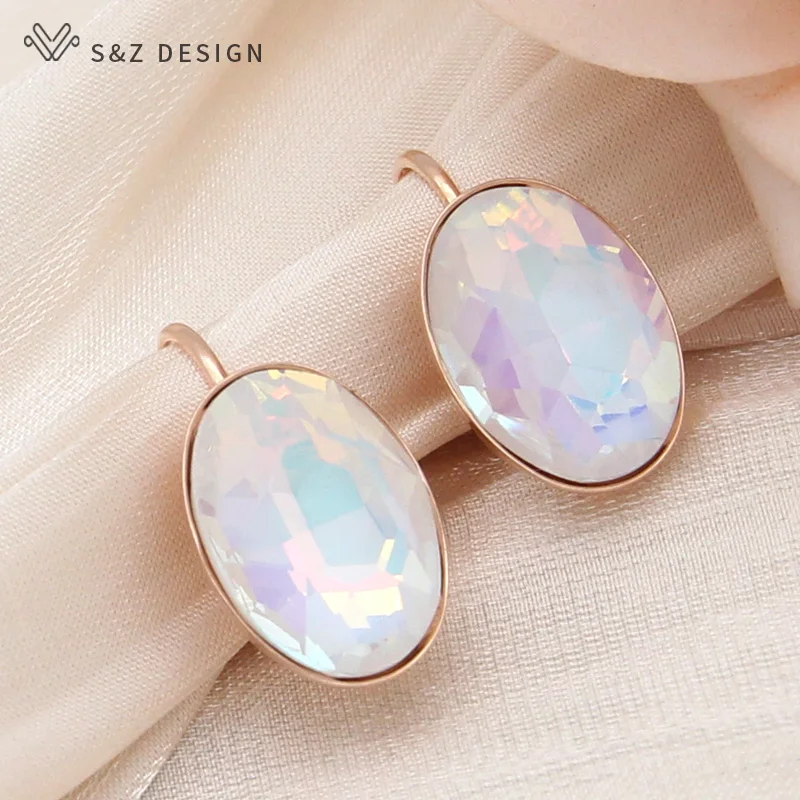 S&Z DESIGN New Fashion 585 Rose Gold Color Egg Shape Crystal Dangle Earrings For Women Wedding Elegant Jewelry Trendy Eardrop