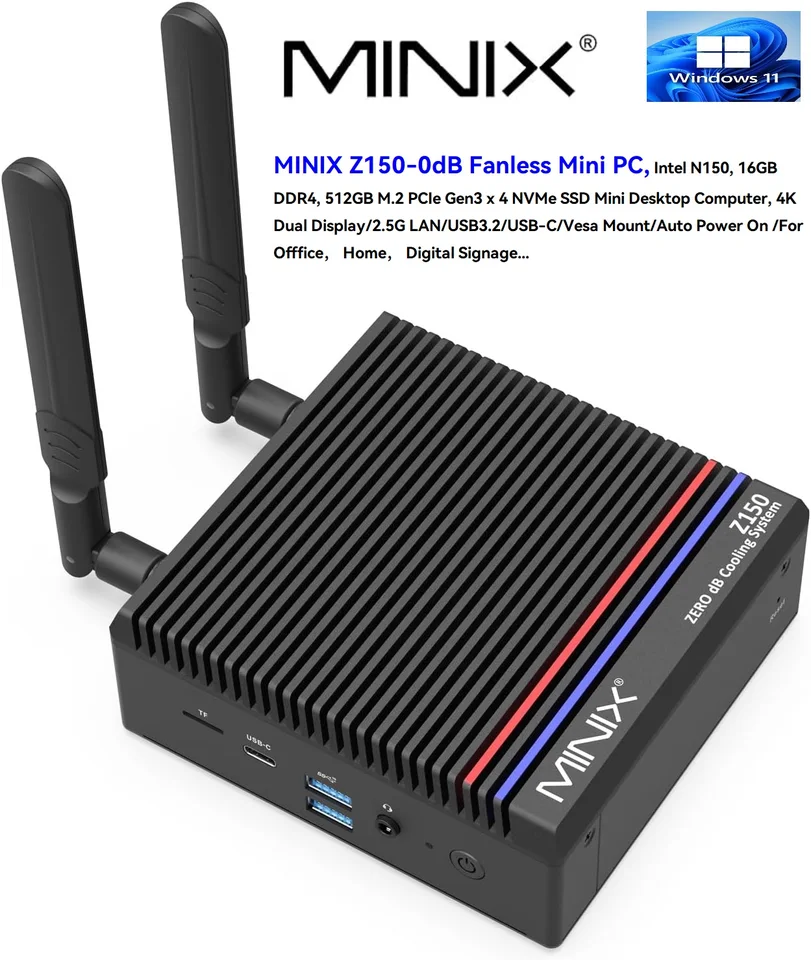 MINIX Z150 fanless mini PC , 16GB DDR4, 512GB M.2 PCIe X4 NVMe SSD