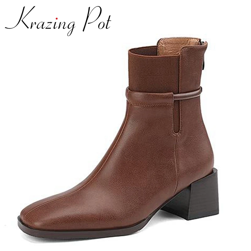 

Krazing Pot New Full Grain Leather Square Toe Thick High Heels Chelsea Boots Deign Zipper European Style Office Lady Ankle Boots