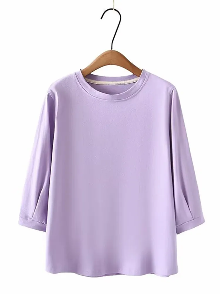

Женская одежда, футболки, однотонный пуловер с круглым вырезом и рукавом три четверти, простая свободная облегающая футболка