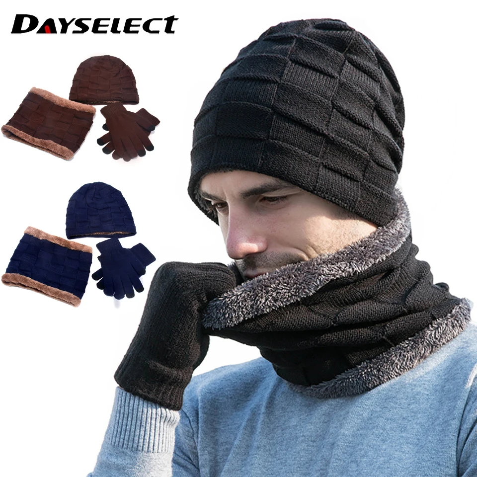 Winter Thick Beanie Hat With Gloves Knitted Wool Neck Scarf Warm Bonnet Hat Outdoors Cycling Skiing Cap Balaclava Mask Unisex