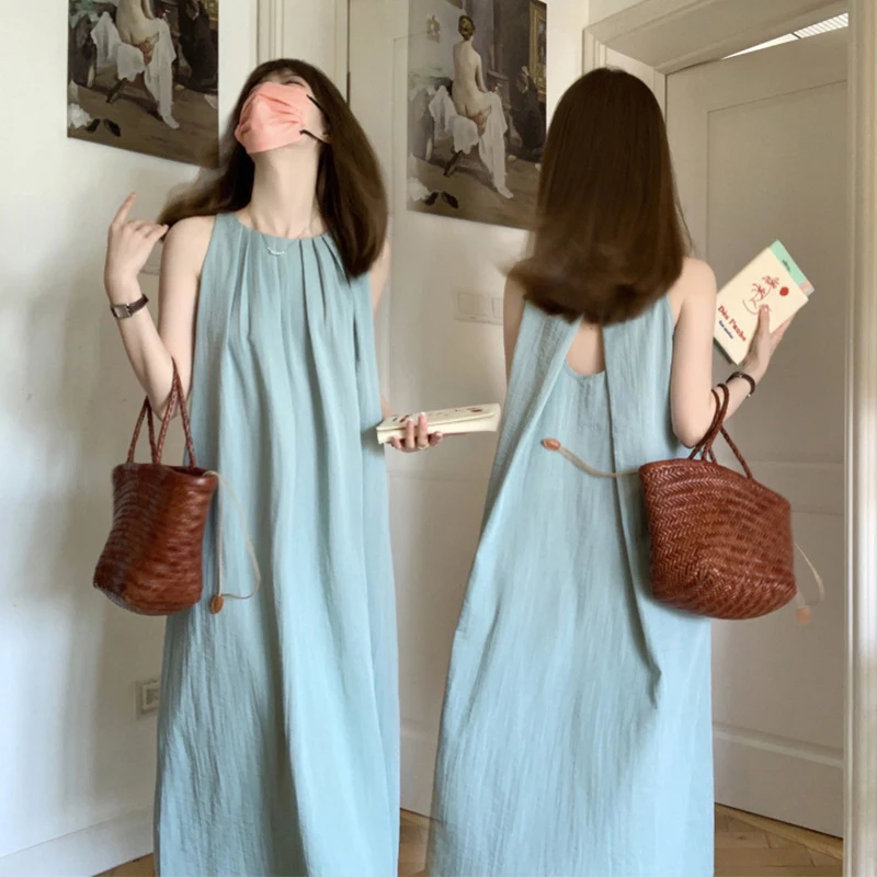 

French Retro Pleat Backless Sleeveless Vest Long Dress Seaside Vacation Dresses