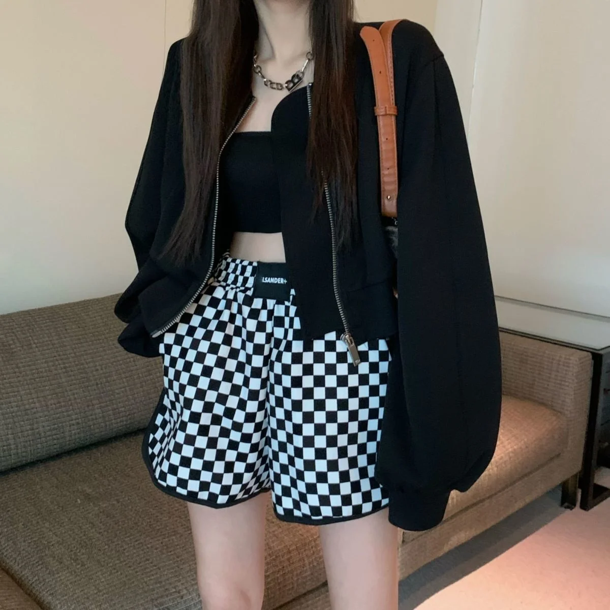 bike shorts women Casual pants women's new checkerboard high waist slim sports shorts fashion dress