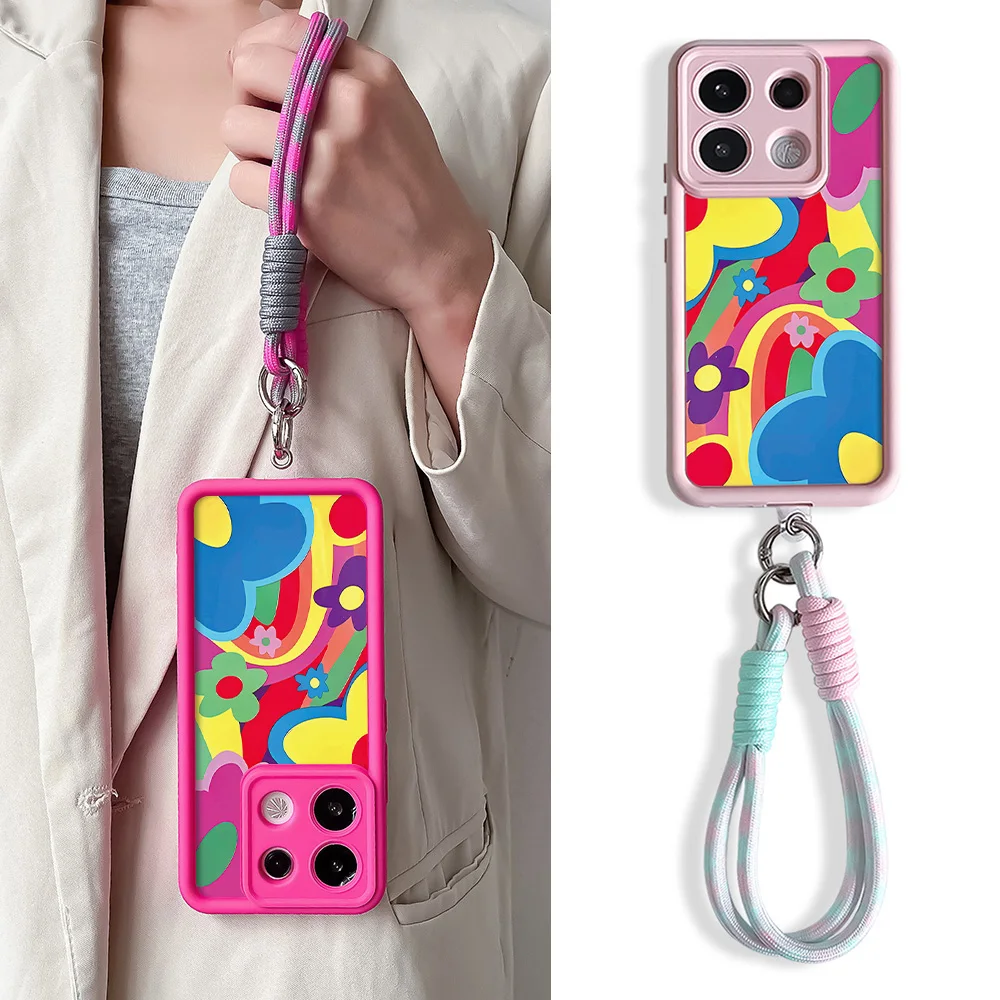 Colorful Flower Phone Cover with Wrist Chain Lanyard