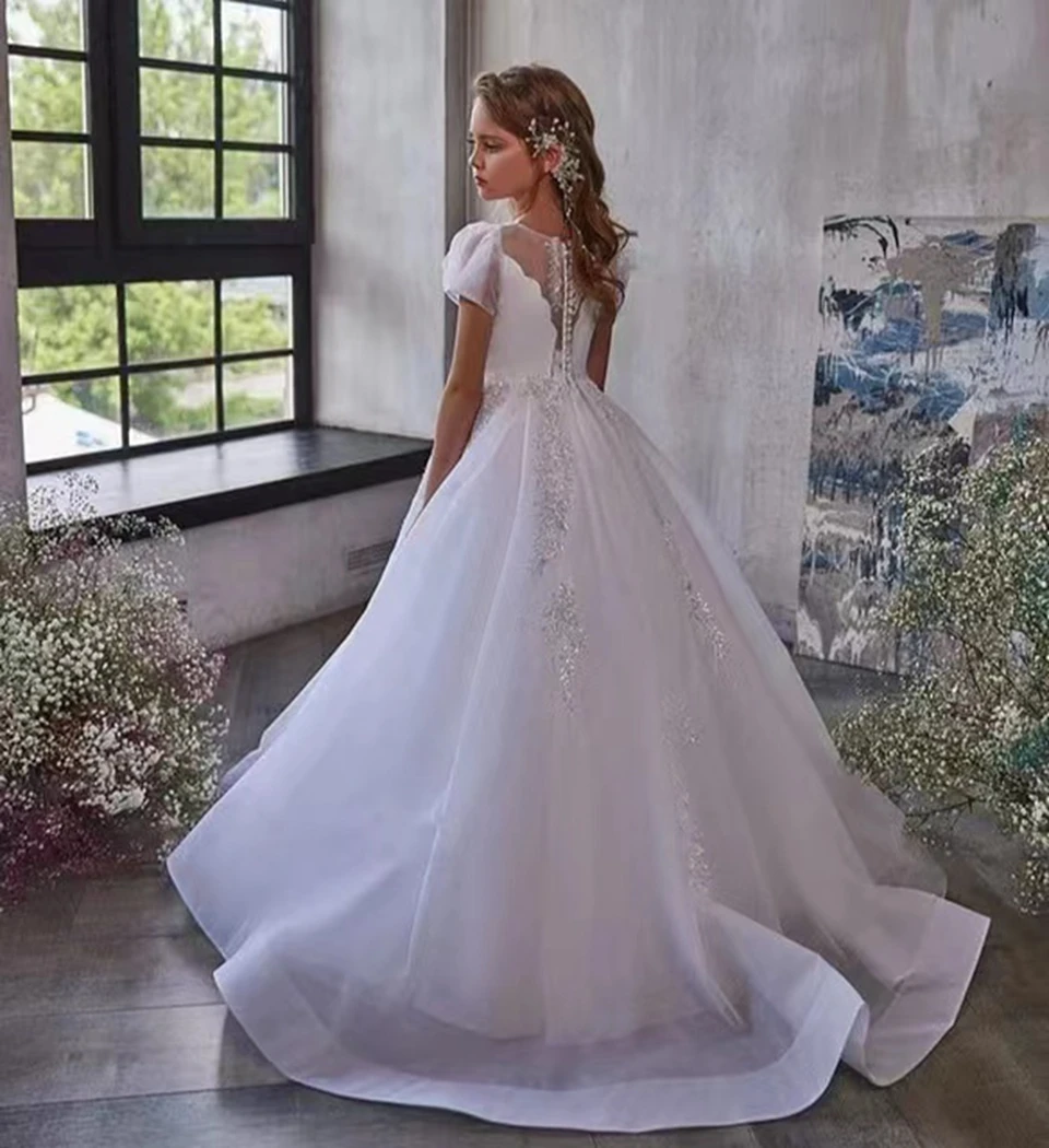 

Girl Robe First Communion Wedding Appliques Flower Girl Dresses White Tulle Lace Cute Beading Ball Gown For Birthday