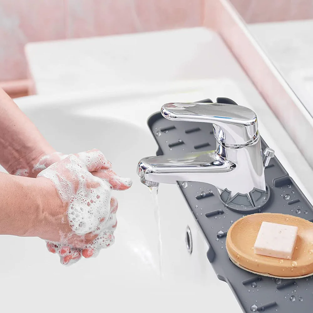 Évier de cuisine, protection contre les éclaboussures, poignée de robinet en Silicone, plateau collecteur d'égouttement, tapis de protection pour comptoir, éponge, tapis de vidange de savon  15