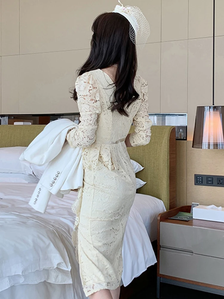 Fashion Korean Style Women Vintage Sexy Lace Ruffle Midi Party